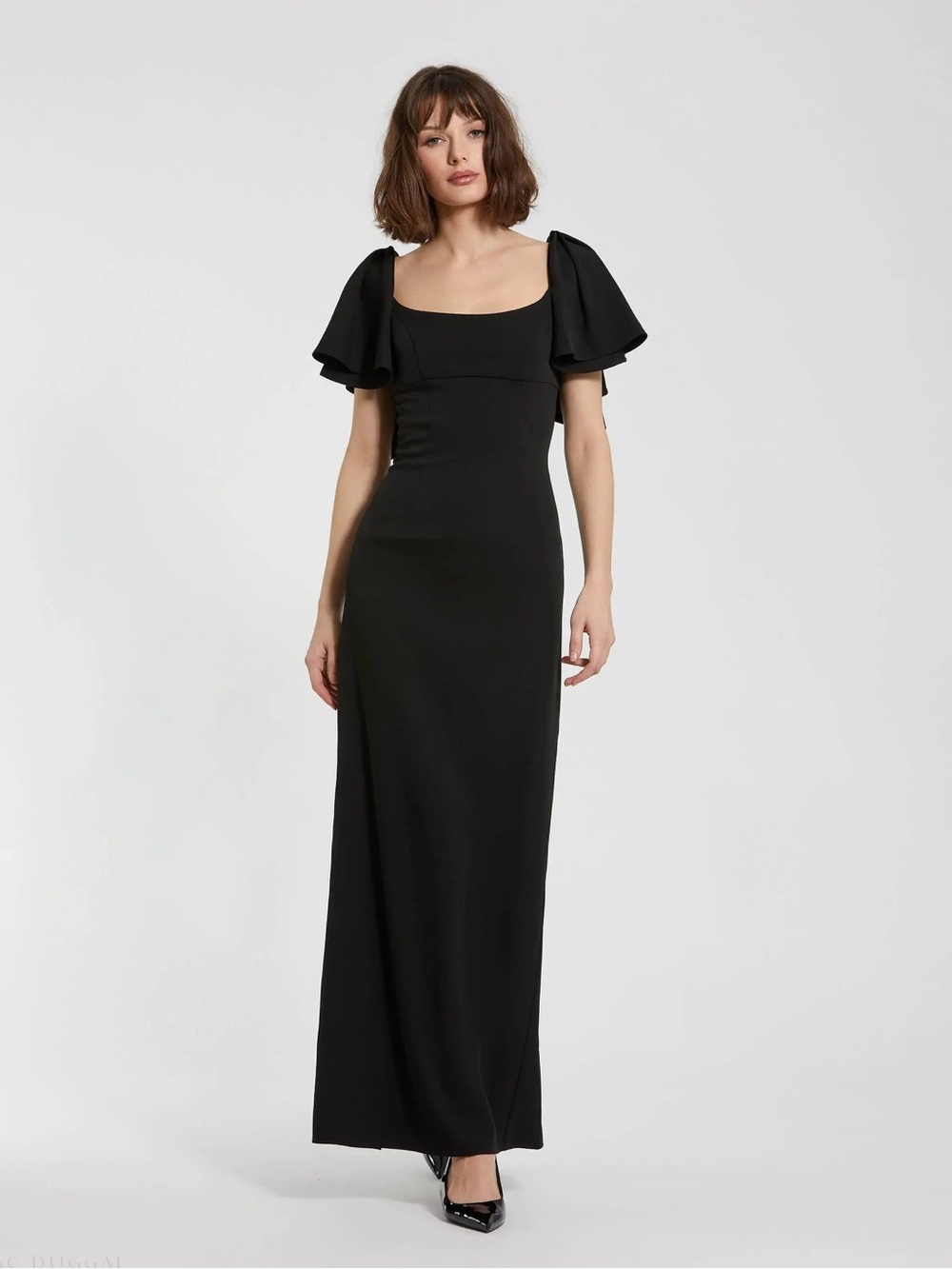 Mac Duggal Black Crepe Fitted Long Dress With Short Ruffle Sleeves Style 20962